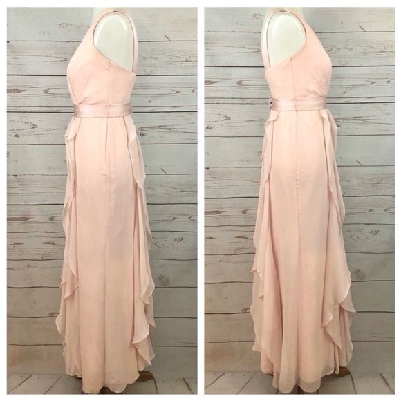 Vera Wang Blush Chiffon Formal V Neck Flange Maxi Bridesmaids Bridal Dress - Picture 3 of 9